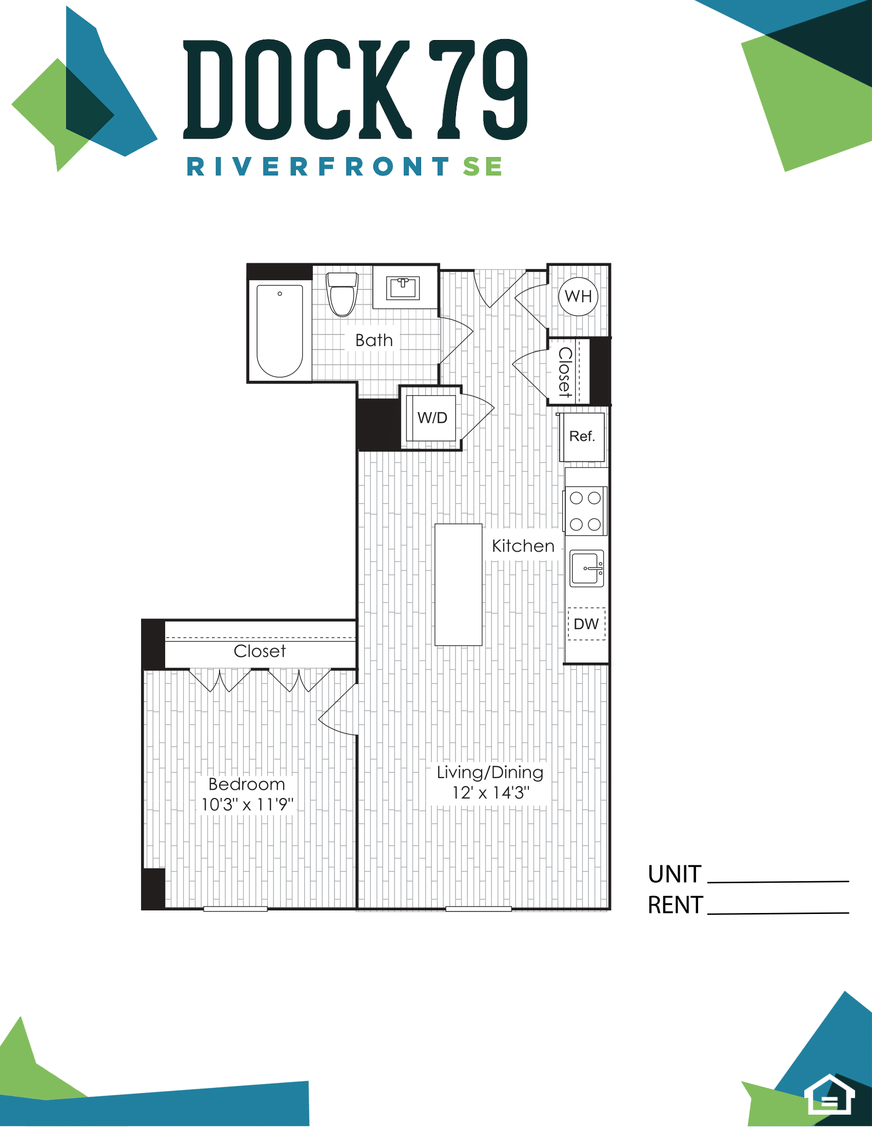 Floor plan for 1 bed, 1 bath, 643 sqft